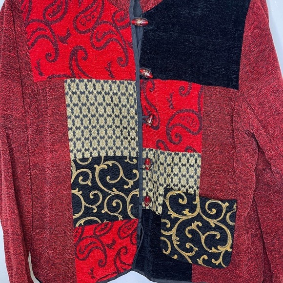 NEW With Tags Julia Kim Vintage Red Black Gold Tapestry Patchwork Jacket Medium - Picture 2 of 6
